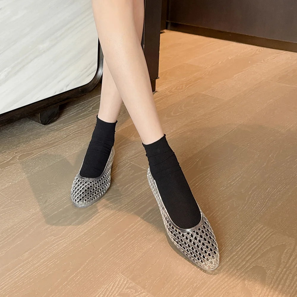 

Korean Peep Toe PVC Sandals Jelly Slip-On Shoes Crystal Pointed Toe Outdoor Leisure Women's Flat