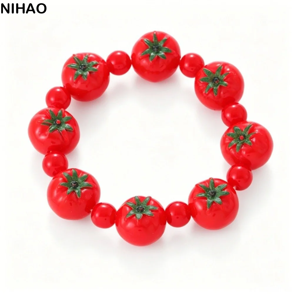 Dopamine Style 3D Resin Bead Bracelet Elastic Colorful Fruit Hand Chain Cute Retro Style Stackable Bracelet Daily Wear