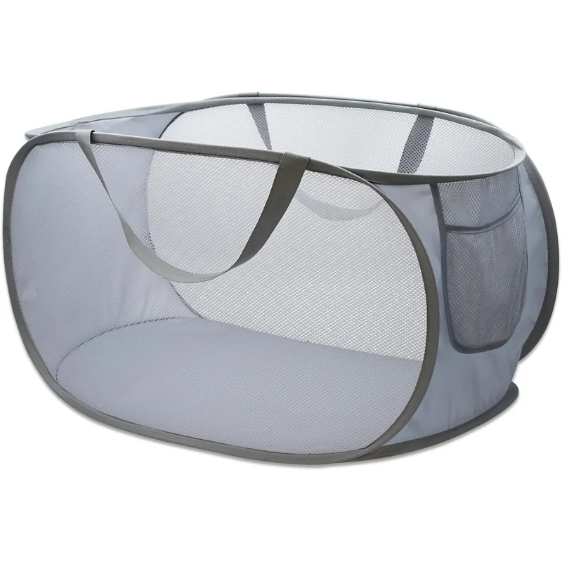 رمادي المنبثقة سلة الغسيل قابلة للطي مع مقبض جيب جانبي قماش شبكي قوي صندوق تخزين ملابس القذرة سلة غرفة الغسيل الحمام