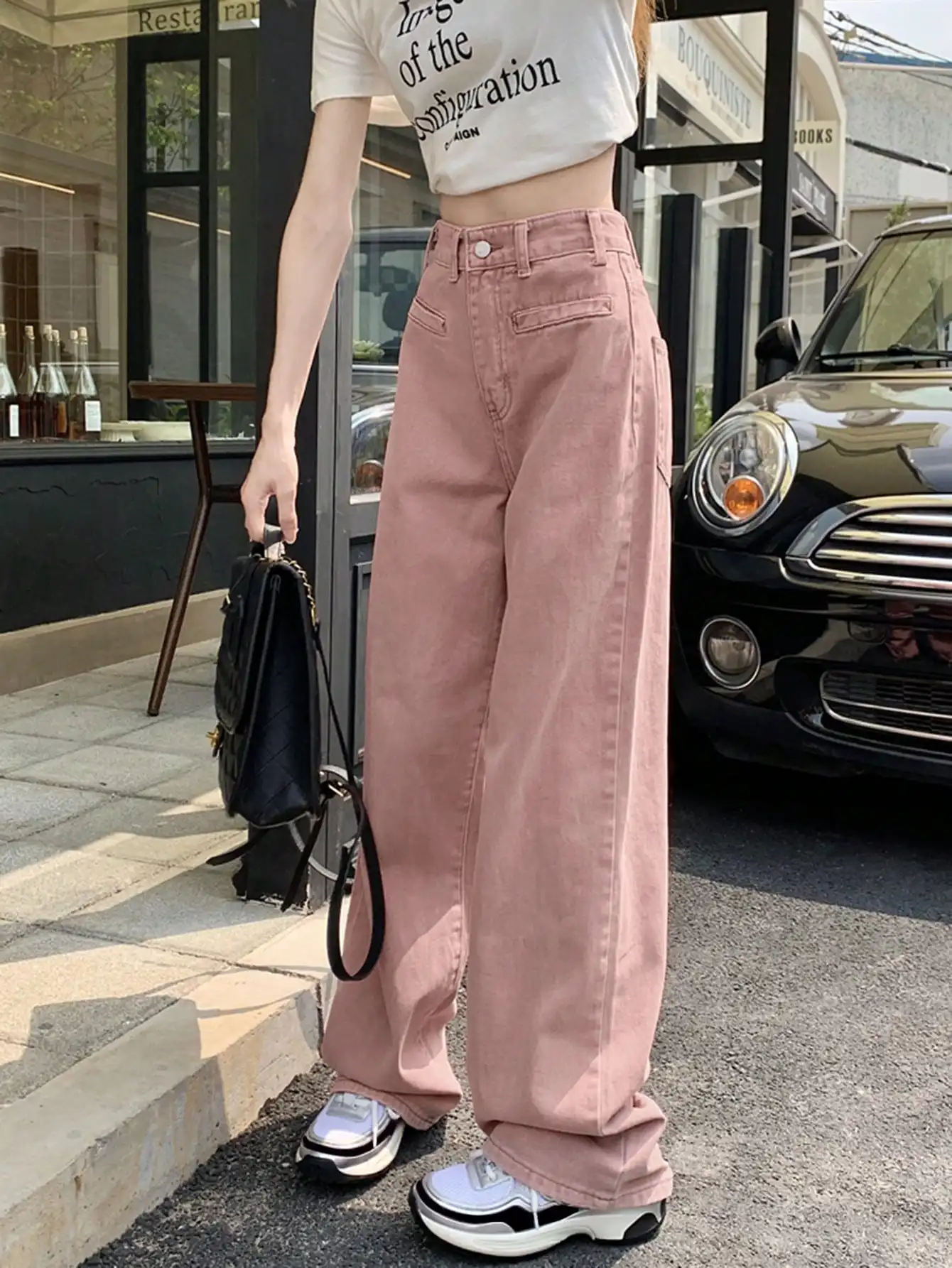 

Korean Chic Summer Pink High-Waisted Slim and Drapedy Denim Wide-Leg Pants for Small People Loose Straight Pants for Women