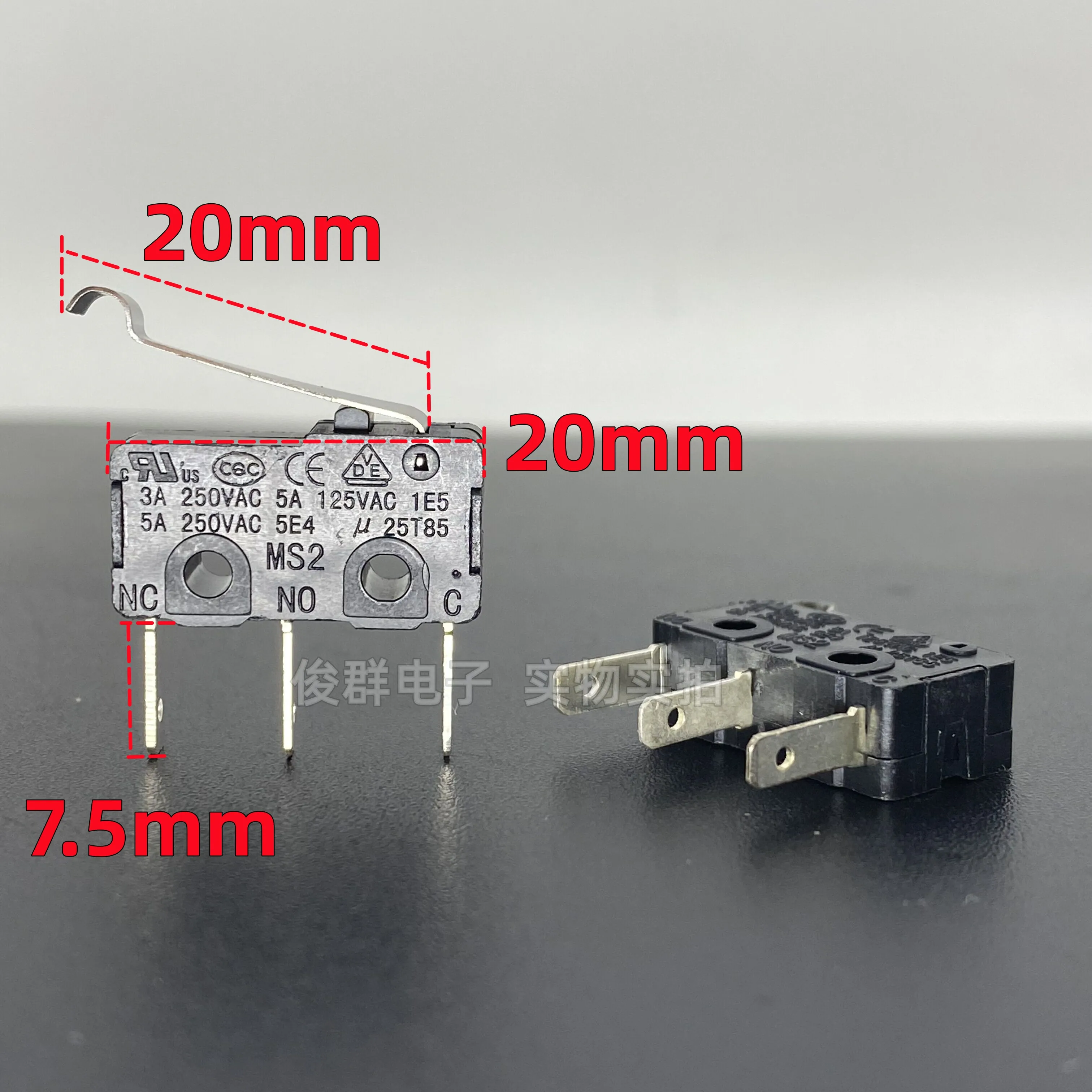 10pcs/imported MS2 25T85 micro switch with handle 3 long legs 5A250V light touch stroke limit detection reset button