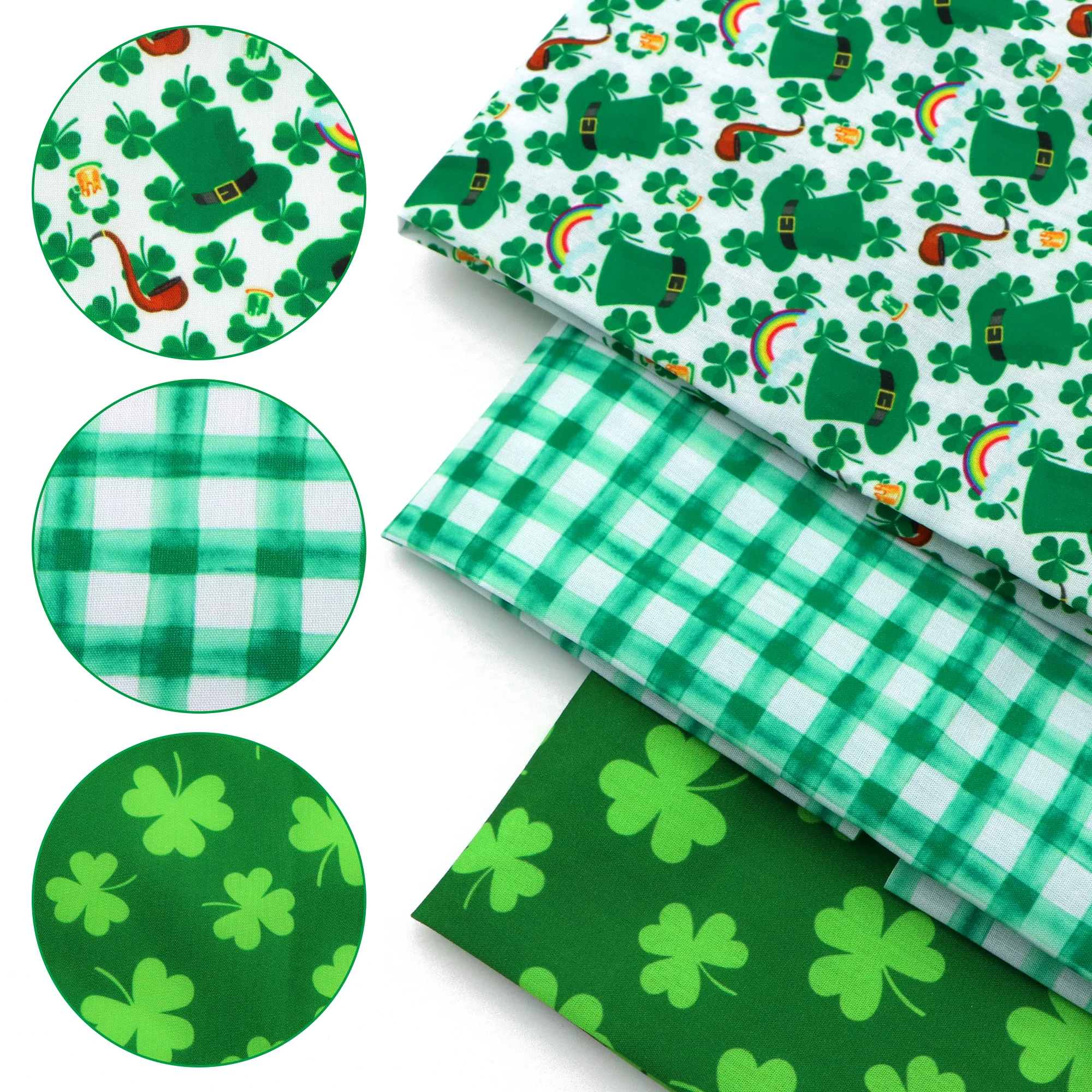 Pre-cut 3pcs/Set 17.7x19.68inch(45x50cm) St. Patrick's Day Clover Green Leaf Shamrock Theme Fabric Set Quilted