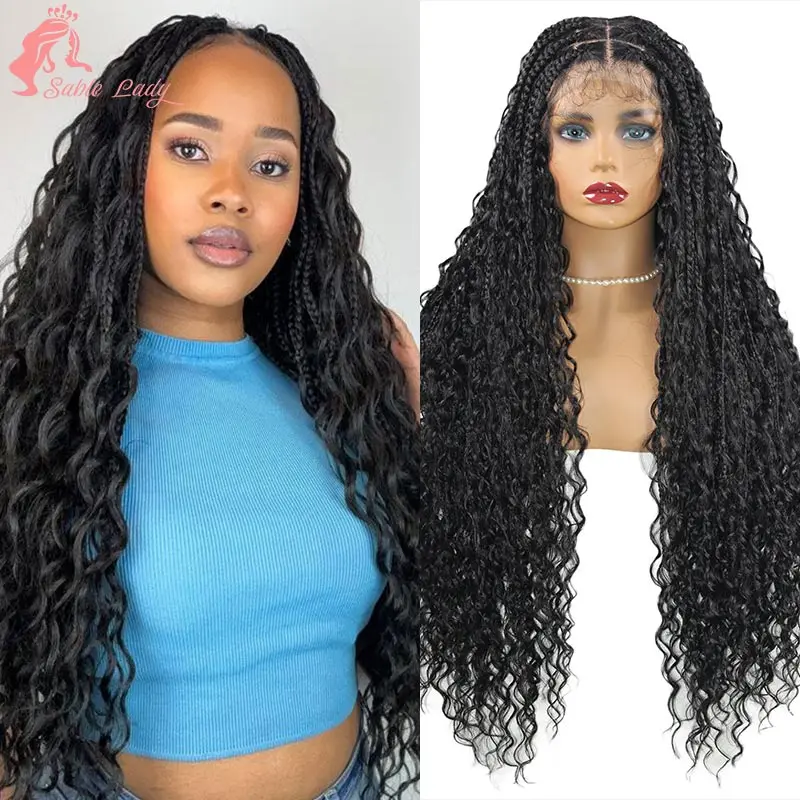 Synthetic Boho Box Braided Wigs Curly Hair Full Lace Front Wigs for Women Goddess Locs Braid Wig Burgundy Bohemian Box Braid Wig