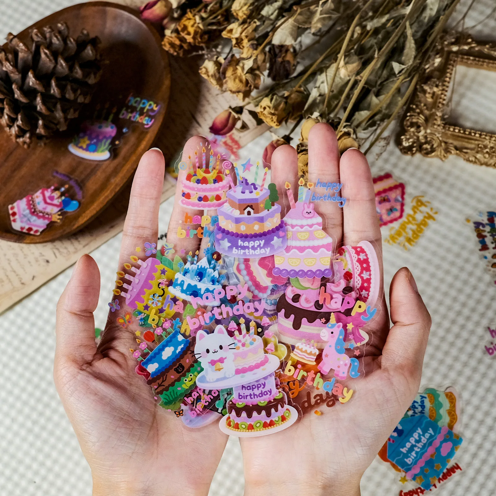 

10/56PCS New Birthday Cake Transparent Graffiti Stickers Funny Cartoon Decal Notebook Phone Skateboard Birthday Gift Kid Toys