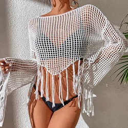 Kobiety Prześwitujące Wydrążone Bikini Cover Ups Topy Kostiumy Kąpielowe Rozkloszowane Długie Rękawy Frędzle Smock Crop Tops Strój Kąpielowy Cover-Up