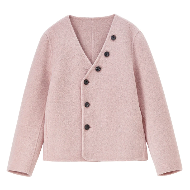 SENTBUILA Cappotti di lana double face per donna 2025 Autunno Inverno Scollo a V Piumini larghi Capispalla corti Donna W54OF2424