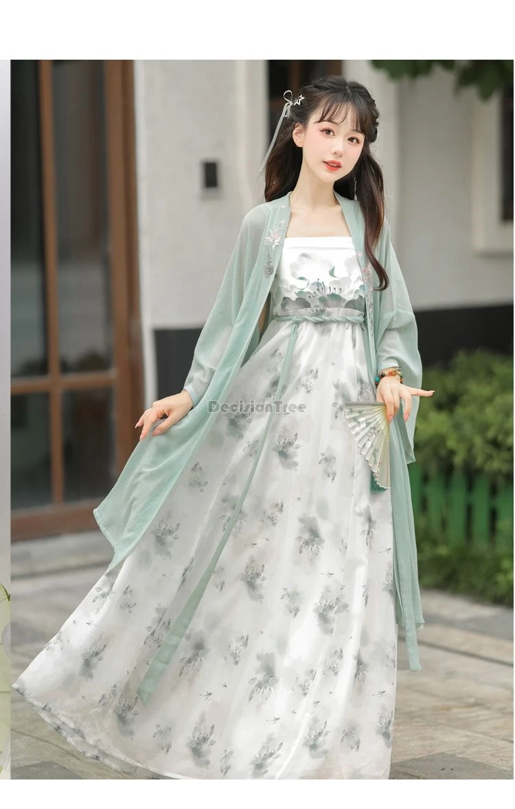 2024 daily improved chinese song hanfu set exquisite lotus printing waist cinching suspended dress fairy embroidery cardigan