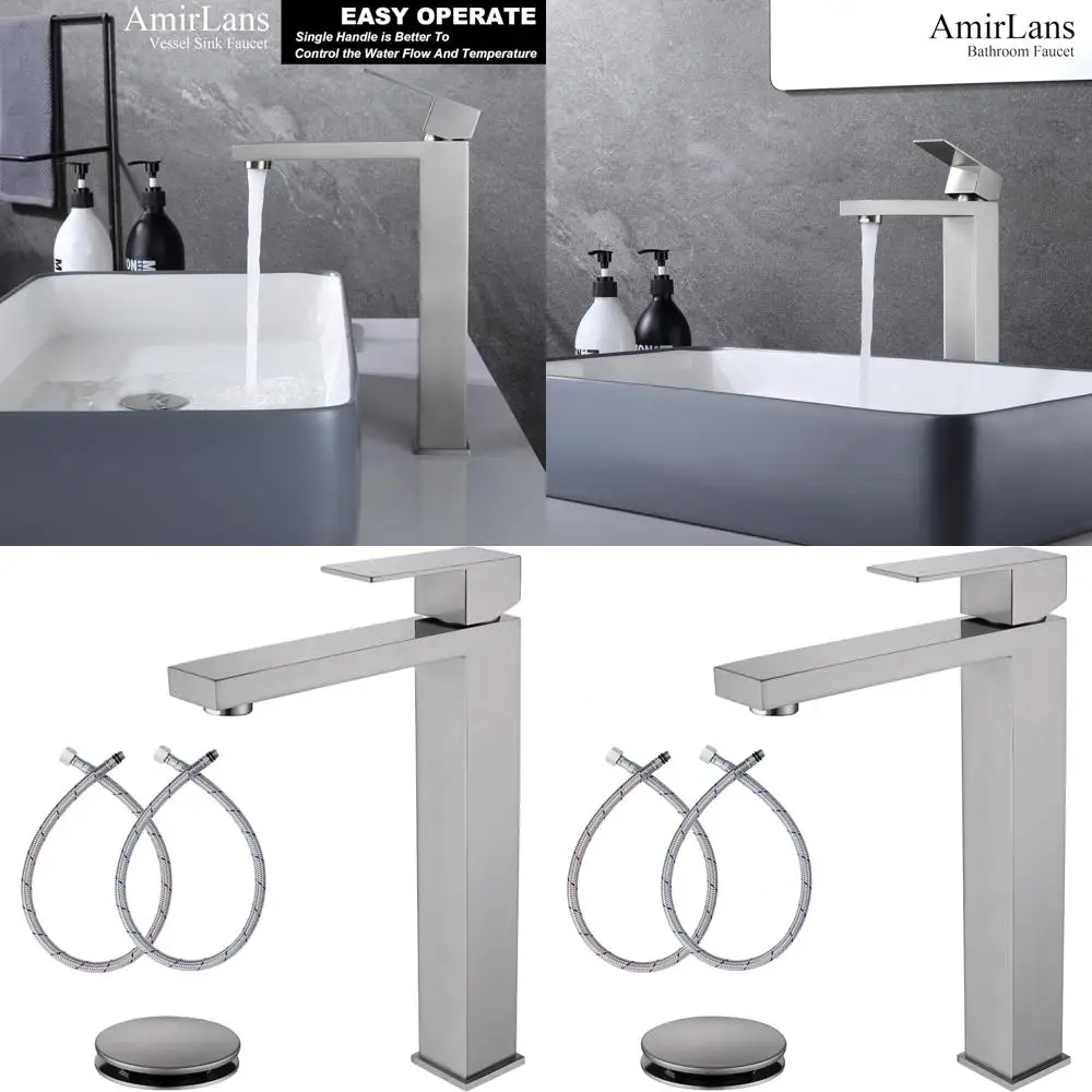 

Tall Single Handle Vessel Sink Faucet in Brushed Nickel with Pop-Up Drain, AML-11411-BN