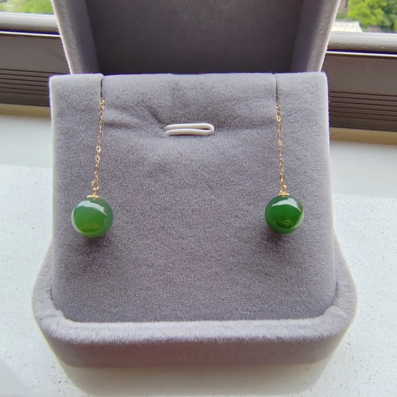 LABB Real 18K gold jade ear line Au750 earrings jade round bead ear line women's boutique jewelry gift E0139