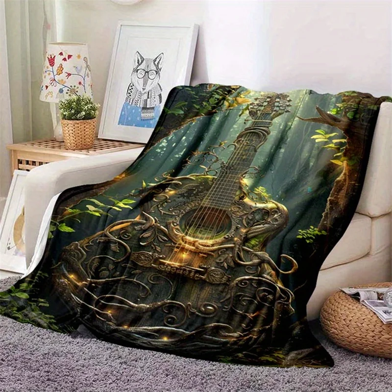 Enchanted Forest Retro Vine Wrapped Guitar Pattern Flannel Fleece Blanket Warm Plush Bed Throw for Living Room Office Travel