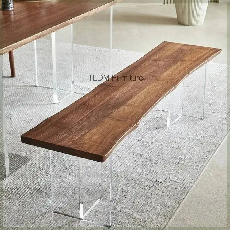 Acrylic Modern Wood Live Edge Clear Dining Bench Top, - Natural Legs, Walnut Minimalist Bench for Kitchen Living Room