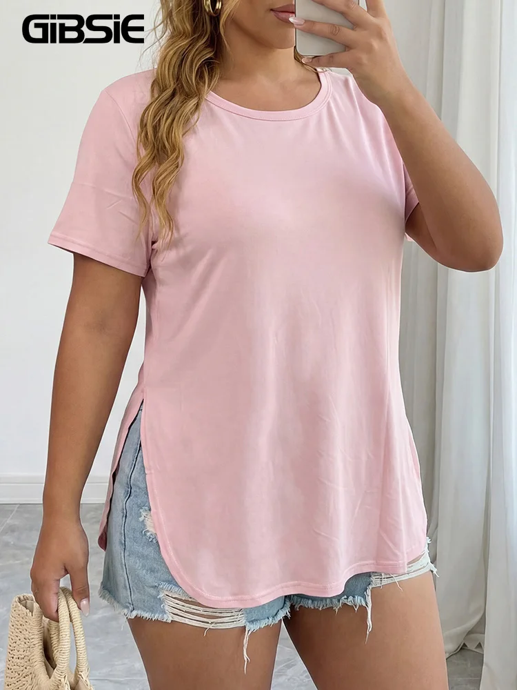 

GIBSIE Plus Size Solid Color Round Neck T Shirt Women 2026 Summer New Casual Slit Hem Tee Female Short Sleeved Tshirt Top