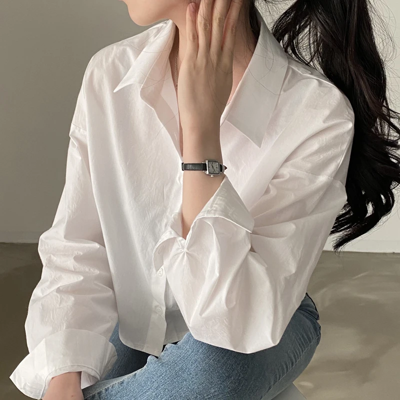 Early Autumn New Women's Long Sve ort irt Vintage Turn-down Collar Ba Split Design Korean Sle Bubble Sve Top