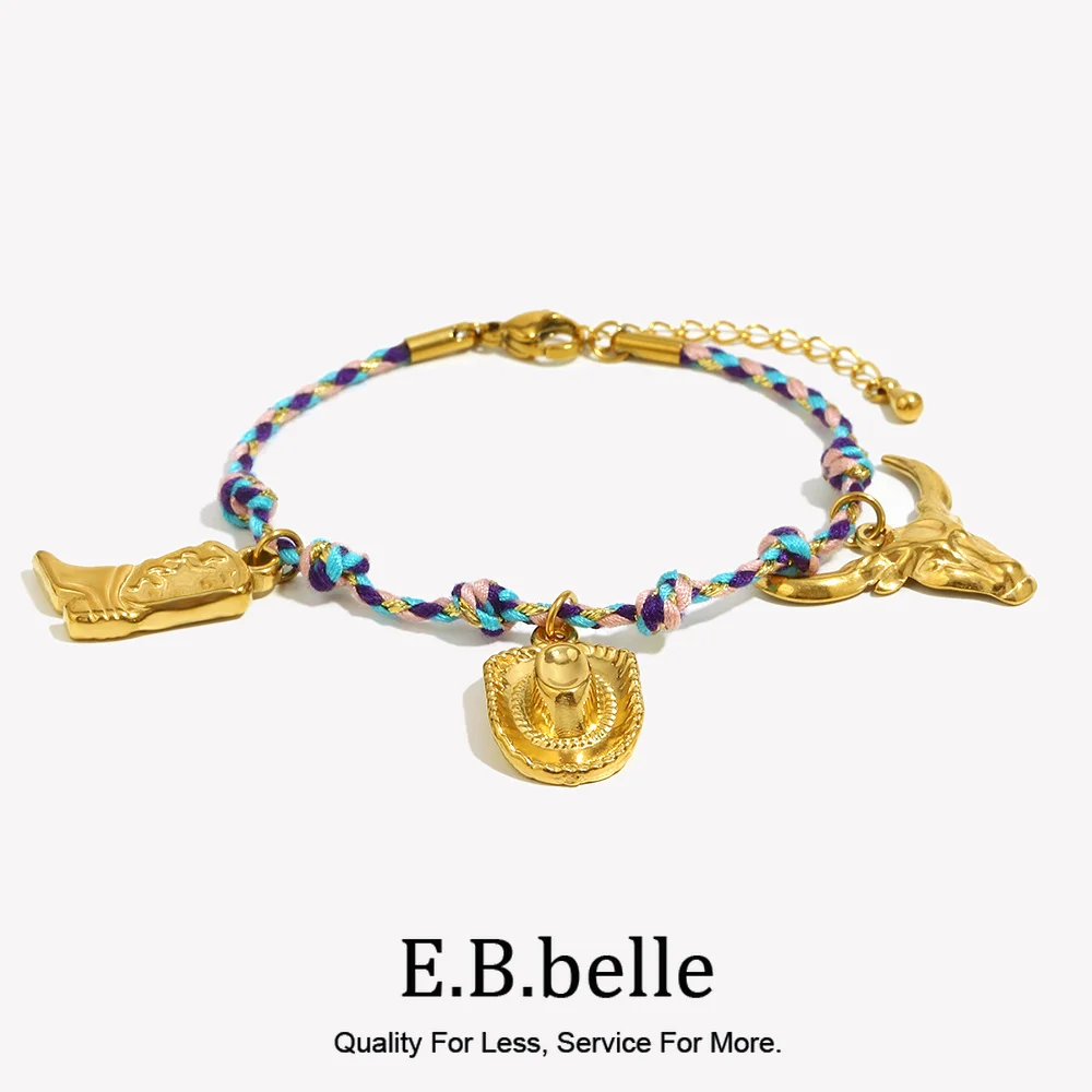 E.B.belle Stainless Steel Colorful Rope Hat Heel Golden Bow Element Adjustable Chain 18K Gold Plated Charm Women's Gift
