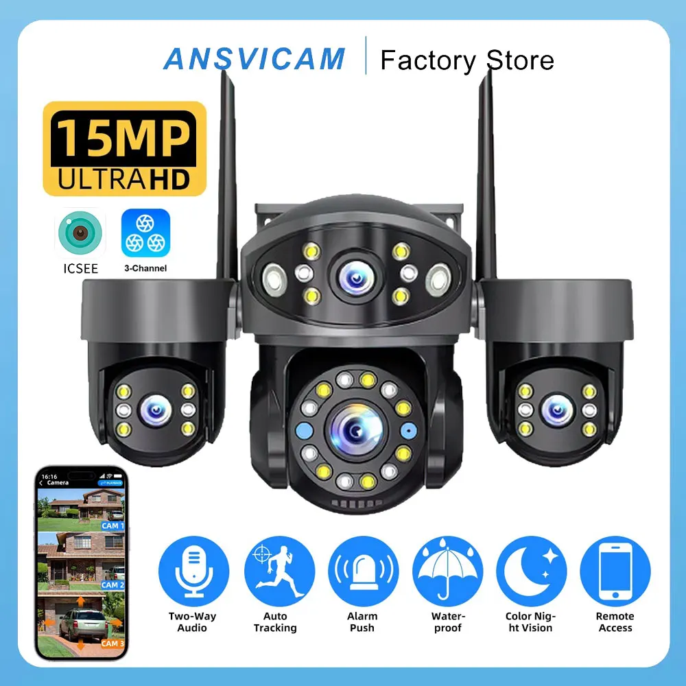 

Уличная PTZ IP-камера ANSVICAM 6K с Wi-Fi для домашней безопасности, 15 МП, с тремя объективами, видеонаблюдение CCTV с тремя экранами, ICsee