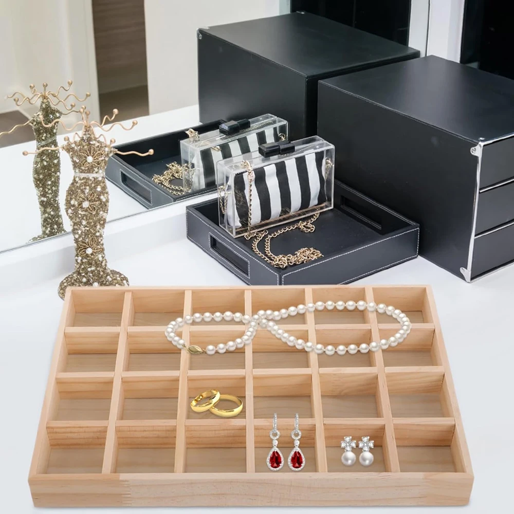 Wooden Jewelry Organizer Tray Display Storage for Jewelry Earring Bracelet Collections Boxes Decoration Props Gift 24 Grids