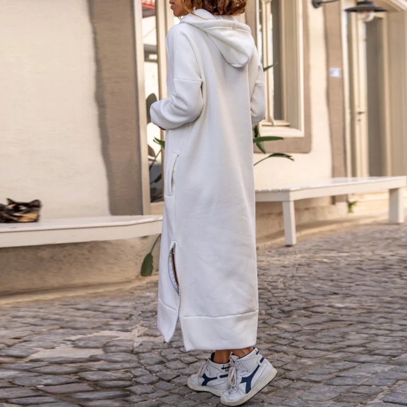 Batas elegantes con abertura lateral y bolsillo con cremallera, vestido informal grueso con cordón, vestido cálido para mujer, otoño e invierno, nuevo vestido Maxi con capucha de punto