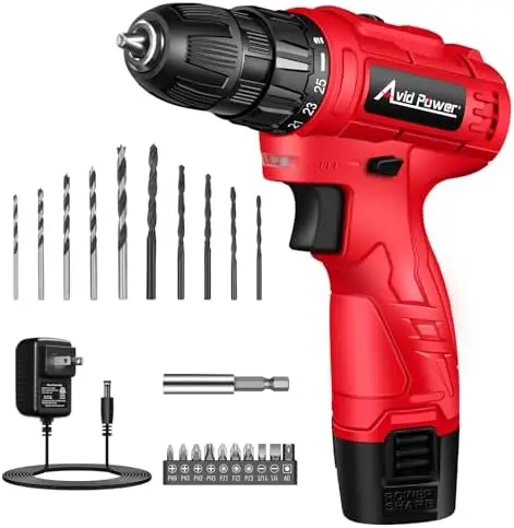 

AVID POWER 12V Cordless Drill Kit – 1400 RPM, 25+1 Torque, 21pc Bits, Battery & Charger