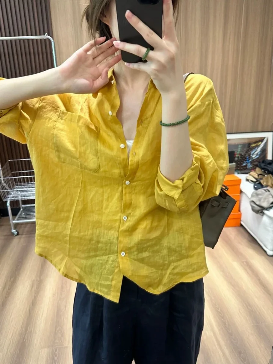 

Yellow Cotton Linen irt Women Early Autumn New Design Faion Loose Casual Versatile Turn-down Collar Flax irt Open Cardigan