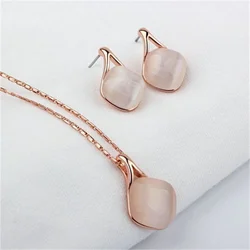 Elegant Square Necklace Earrings Jewelry Set Charm Pink Cat's Eye Stone Jewelry Fashion Bridal Accessory Set Romantic Gifts