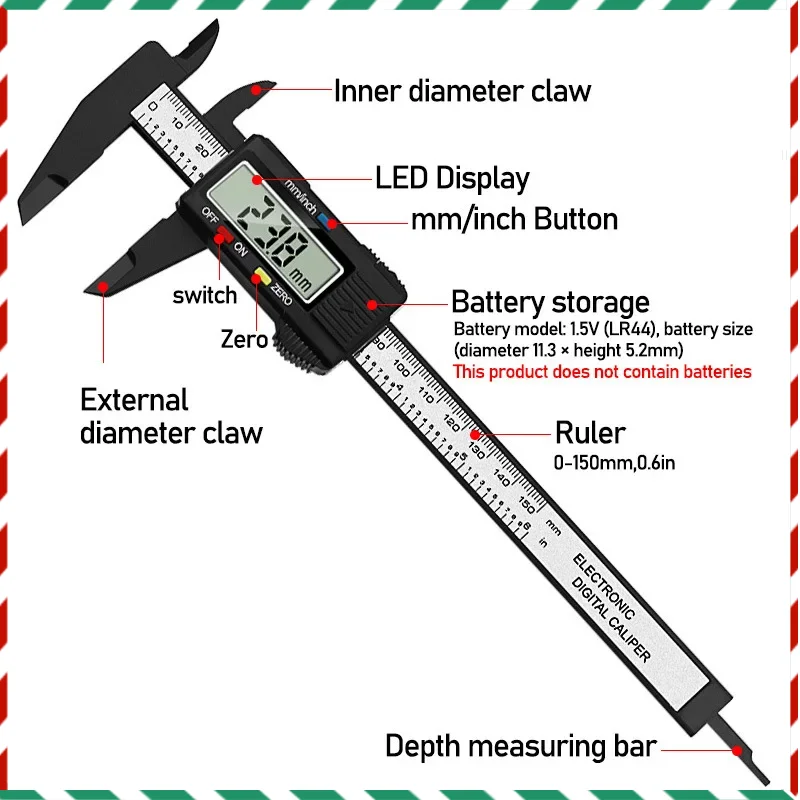 

0-150 Black Plastic Caliper Measuring Tool for Measuring Inner Diameter and Outer Diameter, Electronic Digital Vernier Caliper