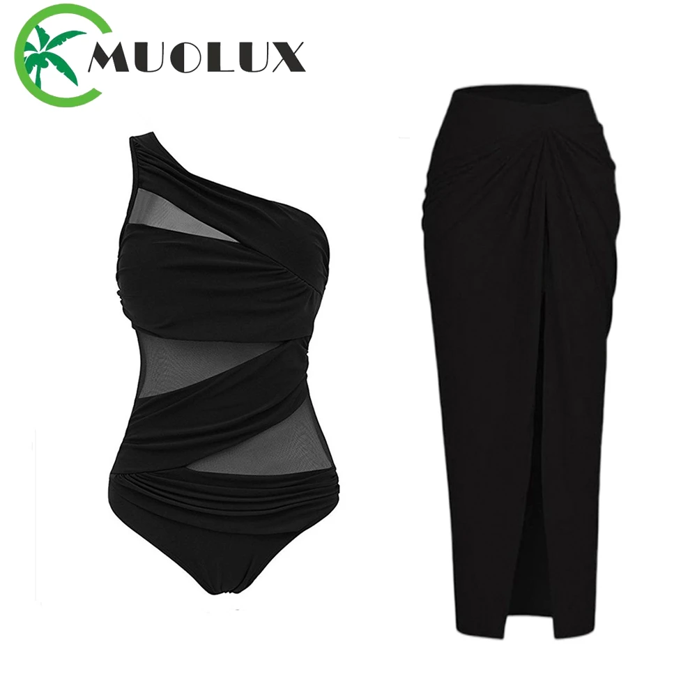 

MUOLUX 2024 Sexy One Piece Shoulder Black Swimwear Ruched Swimsuit Bikinis Set Women Brazilian Beach Skirt Bathing Suit Dress