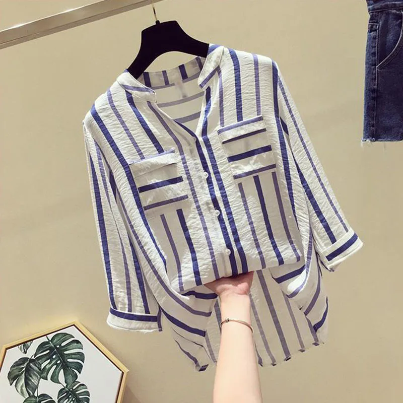 Summer Shirt Women 2024 New Vertical Striped Loose Cropped Sleeve Shirt V-Neck Outerwear Fashion Single-Breasted Tops Female