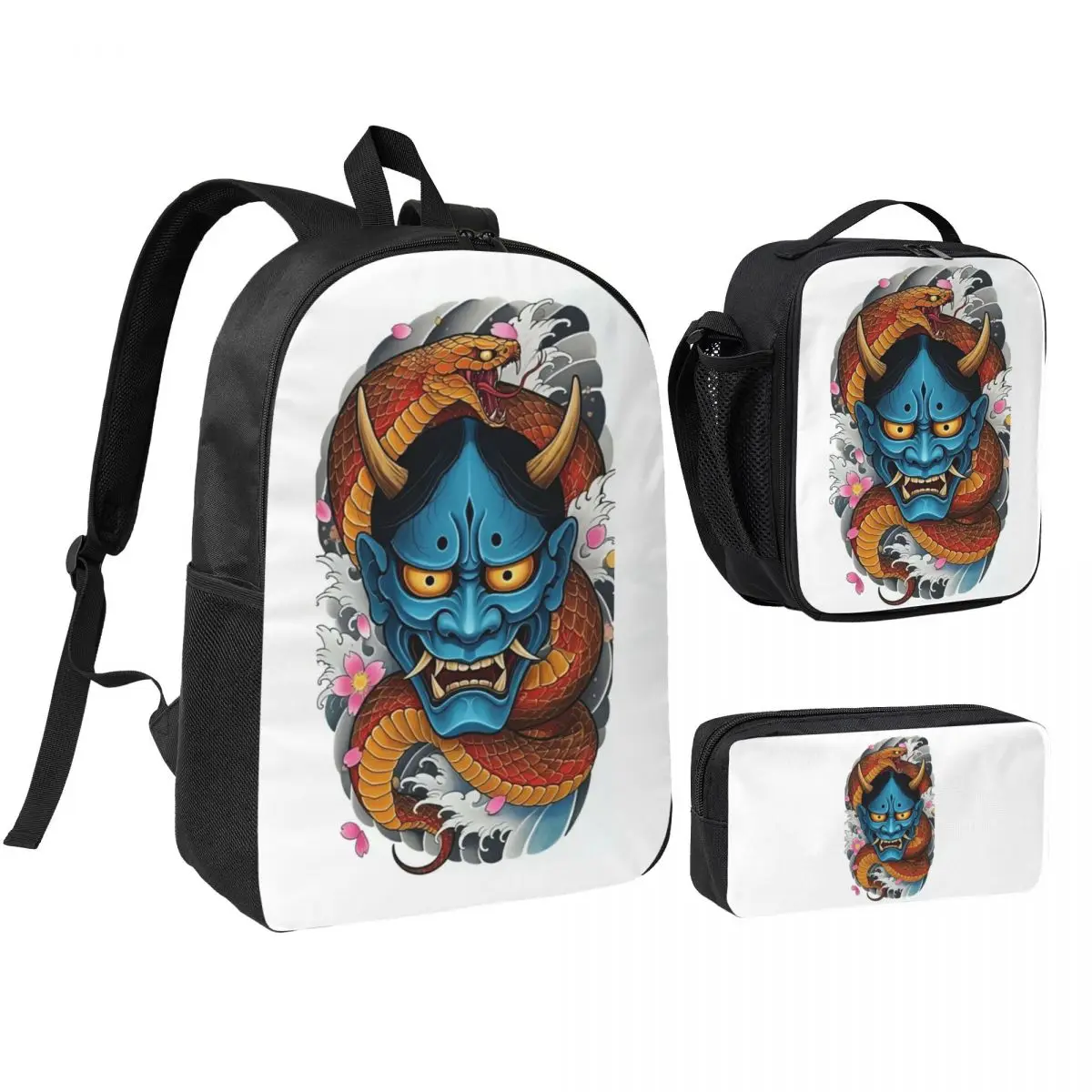 Oni Demon Gaiter Japanese Samurai Ronin Face Backpack BookBag School Bag Shoulder Bags 3ps Insulated Lunch Bag Pencil Case