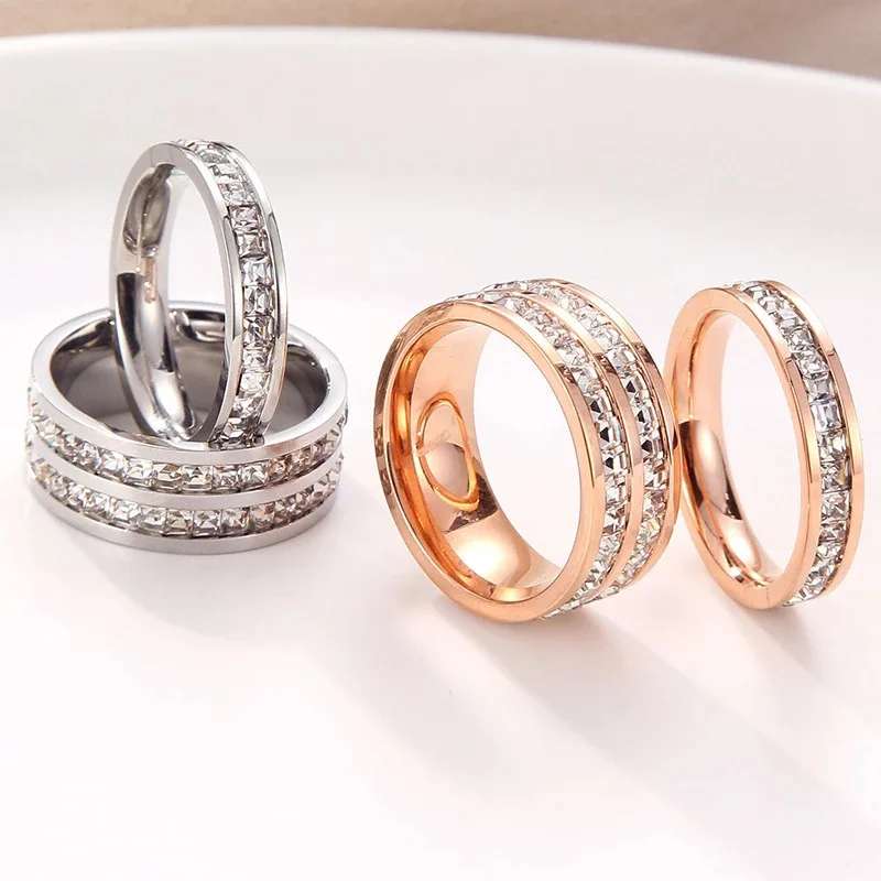 NEW Rose Gold Color Double Row Square Zircon Stainless Steel Ring for Women Romantic Engageme Wedding Party Jewelry Female