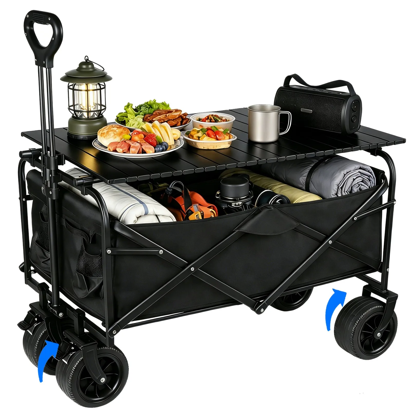 Chariot de camping pliable 150/100L grande capacité, chariot robuste pour extérieur, jardin, pique-nique, plage, avec porte-gobelets