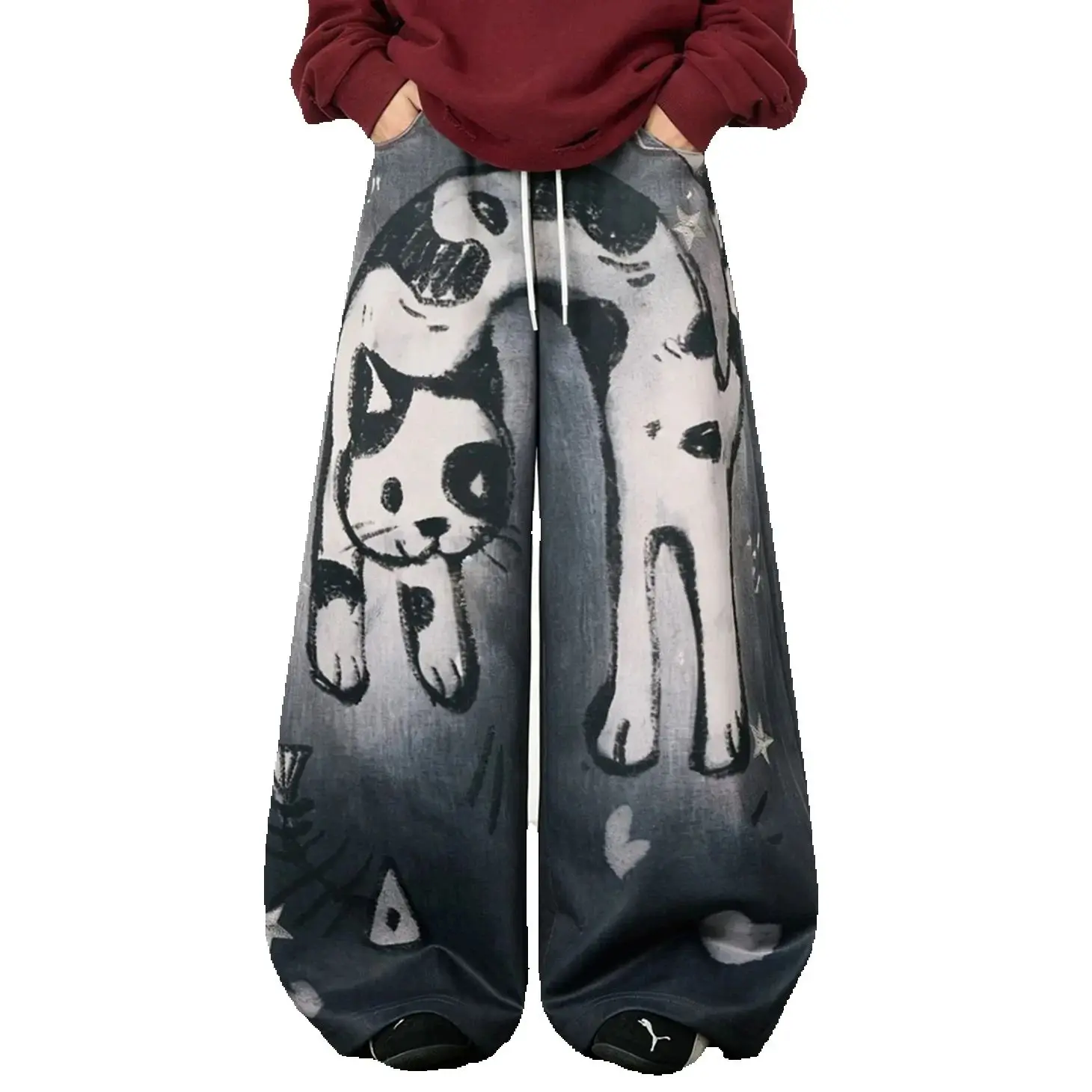 CHIC Creative Cat Printed American Street Retro Washed Distressed Curved Knife Jeans Wide Leg Denim Loose Pants Y2k Baggy Jeans