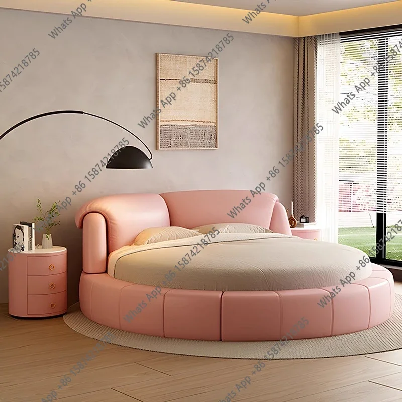 N63 Home 180 200 220 Cm Luxury Modern Genuine Leather Round Double Bed Full Size Bed Frame Bedroom Beds Frames Bedroom Furniture