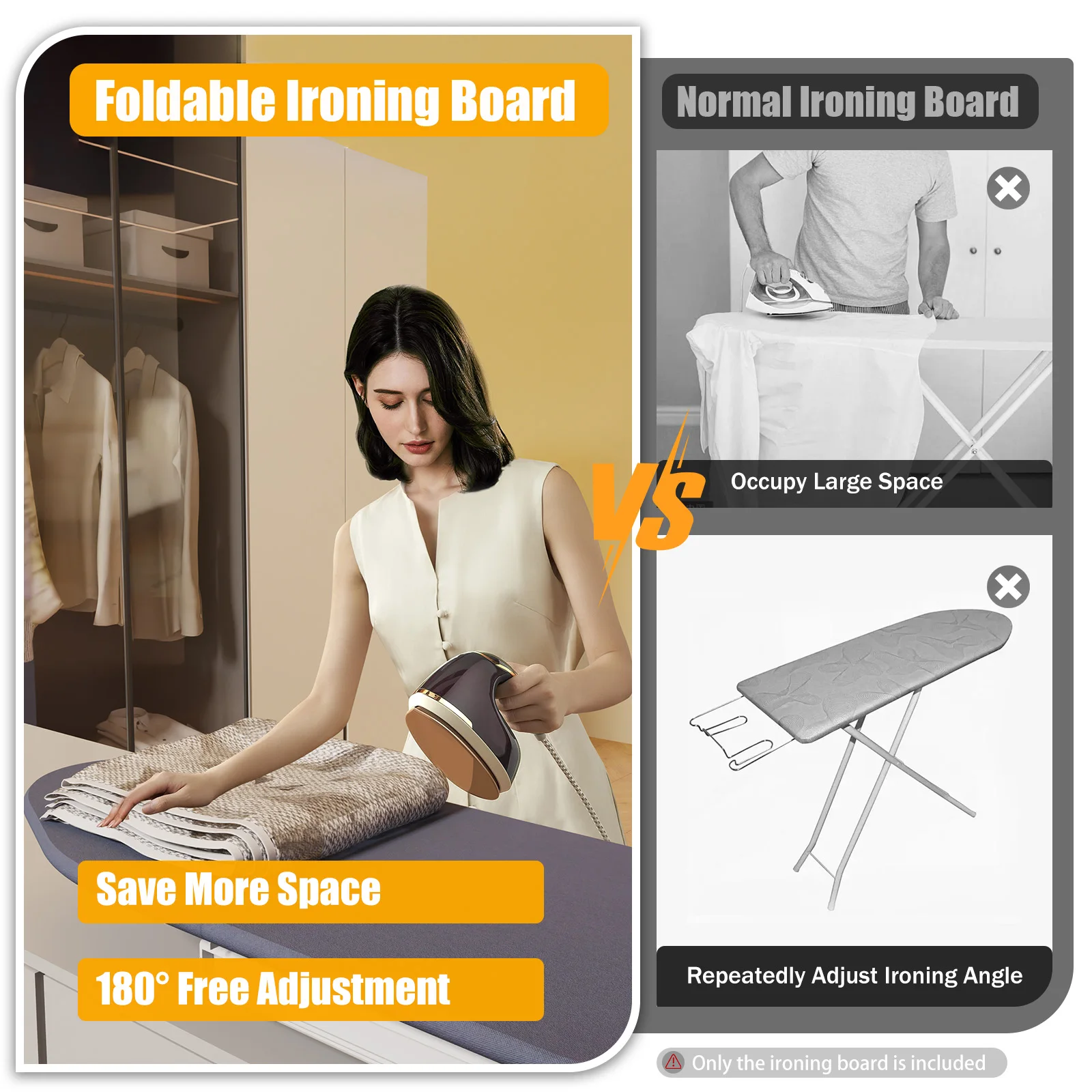 Retractable 180° Folding Ironing Board Gray Push-Pull Wardrobe Mount Easy to Install