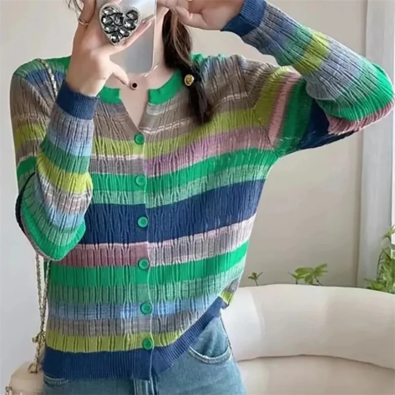 Autumn New 2023 Oversized Women\'s Design Sensation Small Group Hollow Out Round Neck Rainbow Spliced Stripe Knitting Sweater Top