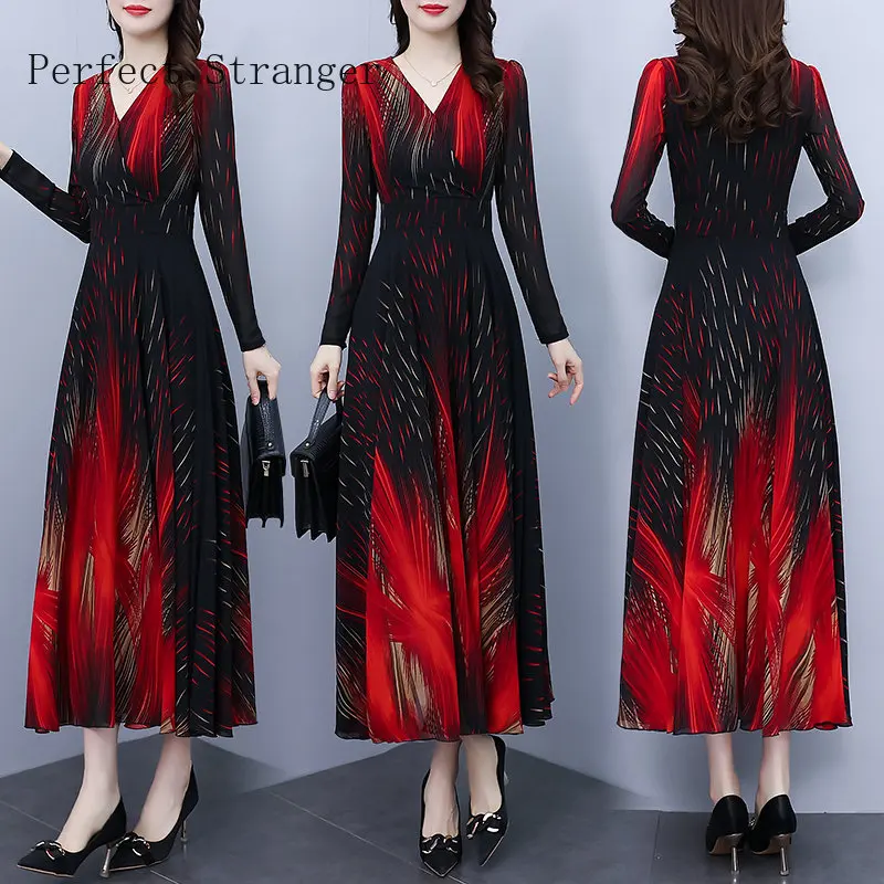 2022 Autumn New Arrival Hot Sale V Collar Long Sleeve  Vestidos Femininos Frete Grátis Long Sleeve Women Chiffon Long Dress 5XL