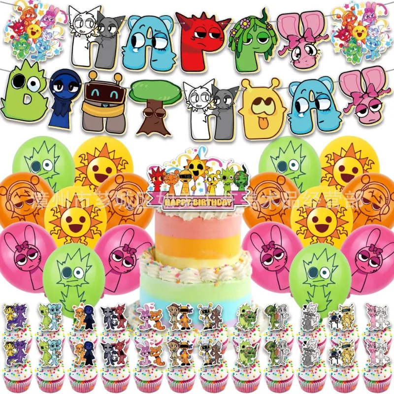 

Sprunki Incredibo Birthday Party Decoration Cute Cake Topper Balloon Pull Flag Set Cartoon Birthday Banner Supplies for Kid Gift