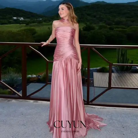 CUYUN Abiti da sera da donna pieghettati senza spalline rosa Abito da cerimonia per banchetti con drappeggiato personalizzato in raso lucido