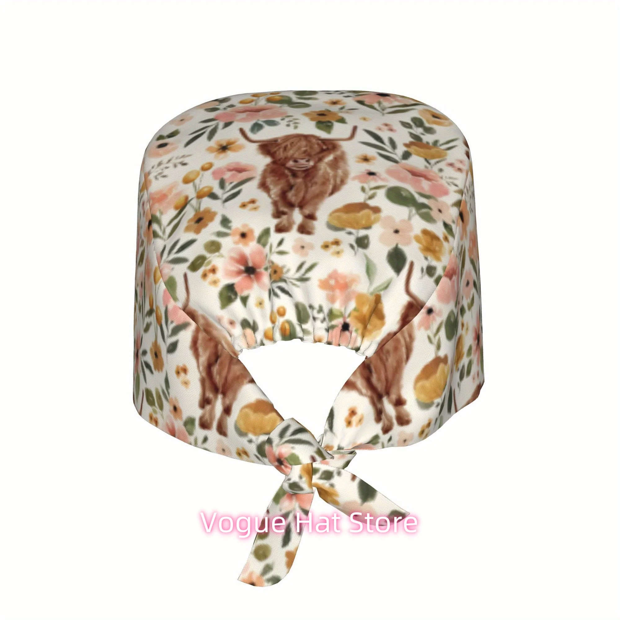 1pc Highland Cattle Unisex Stylish Printed Work Cap - Lightweight Adjustable Skull Cap Tie-Back Nurse Hat, Dustproof Chef & Cook