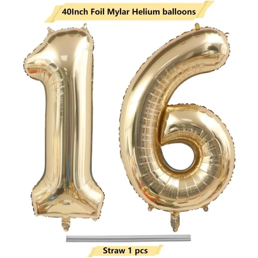 40 Inch Light Gold 16 Number Balloons White Gold Giant 16 Foil Mylar Helium Large Digital Balloon Champagne Gold Birthday Numbe