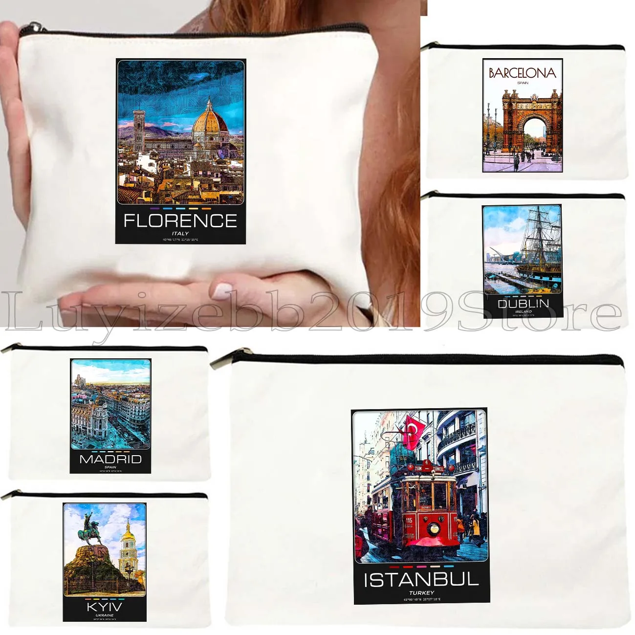 

Amsterdam Dublin Barcelona Lisbon Kyiv Cairo Madrid Athens Chicago Florence Canvas Cosmetic Makeup Bag Pencil Case Zipper Pouch