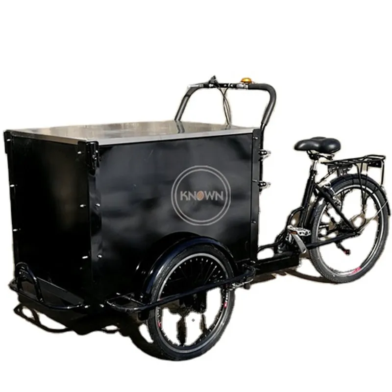 Dutch Popular Cargo Bike 3 Wheels Electric Tricycle with Wooden Stainless Steel Food Box Carriage