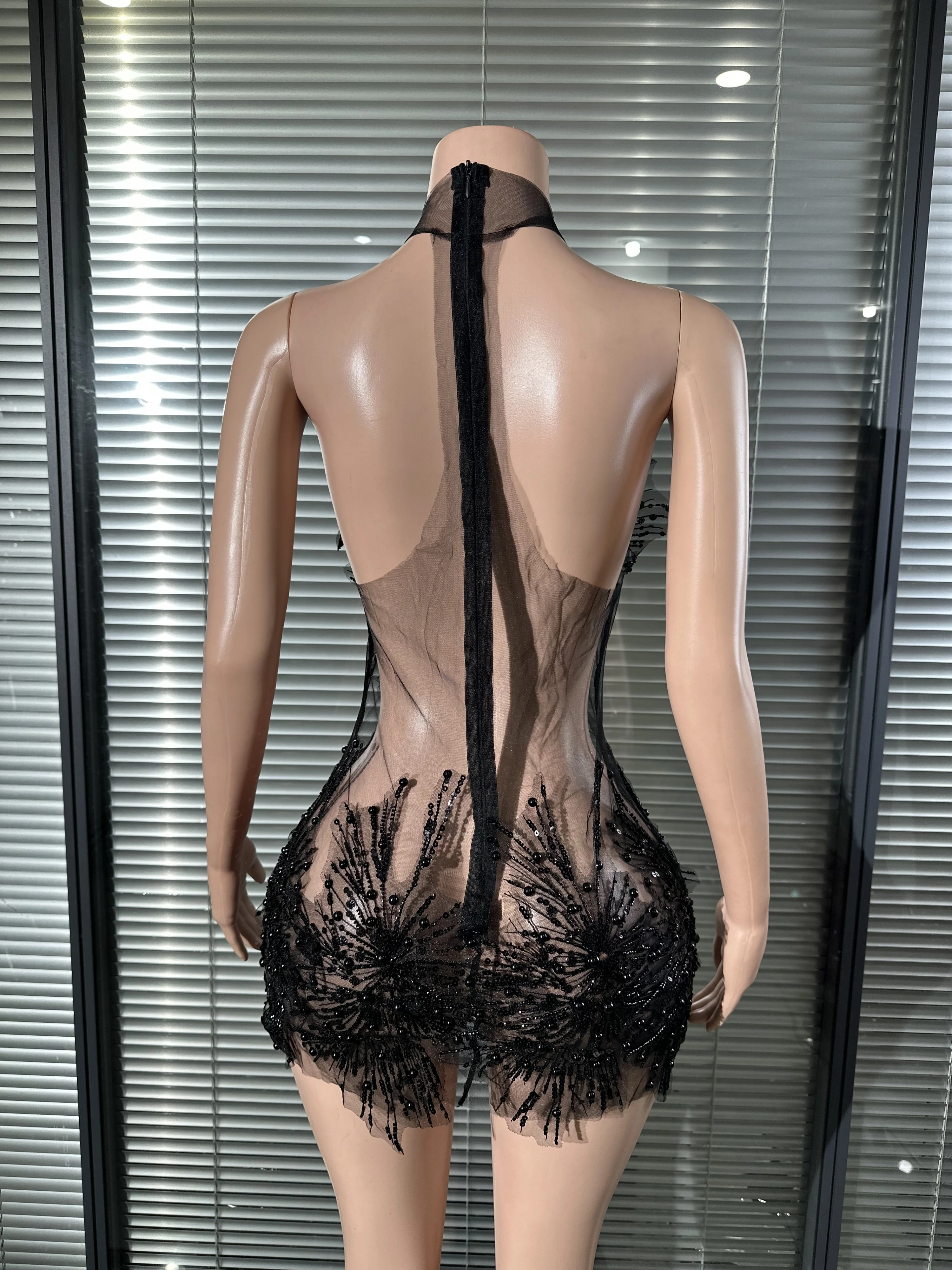 Sexy glamoureuze pure transparante parel pailletten halslijn open rug mini-jurk zanger bar nachtclub podiumvoorstelling kleding