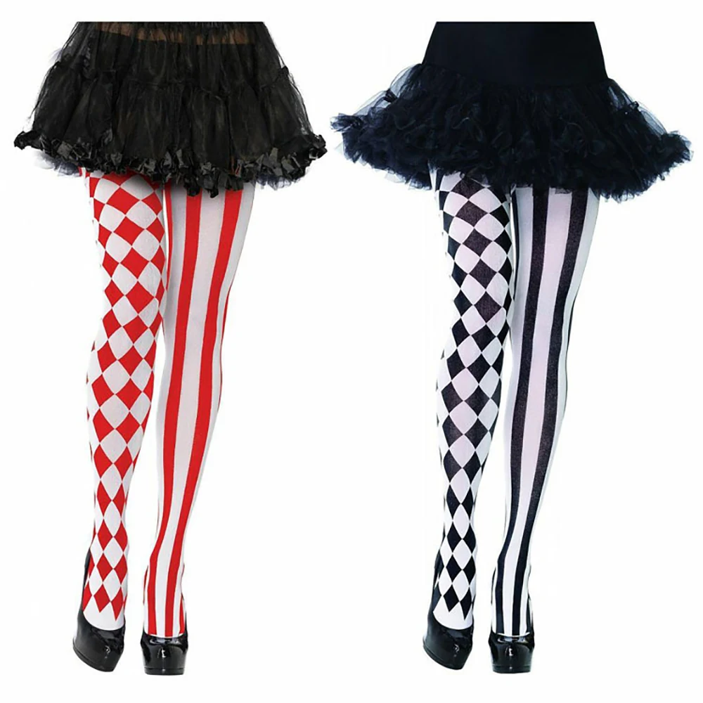 

2025 Halloween Joker Character Diamond Vertical Strip Pantyhose Makeup Performance Prop Holiday Long Tube Pantyhose
