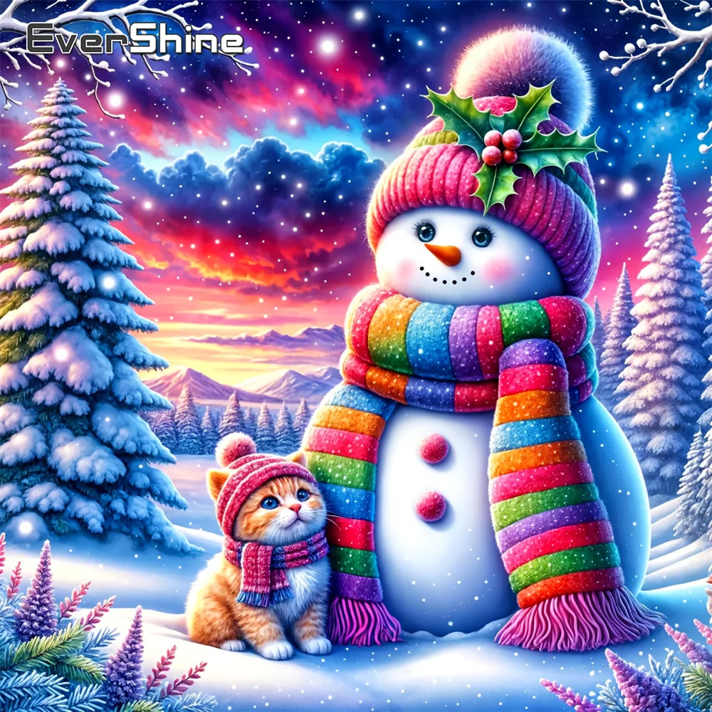Evershine Vollquadrat Rundes Diamantgemälde Schneemann Mosaik Winterlandschaft Geeignet für Anfänger DIY Katze Winter Wanddekoration