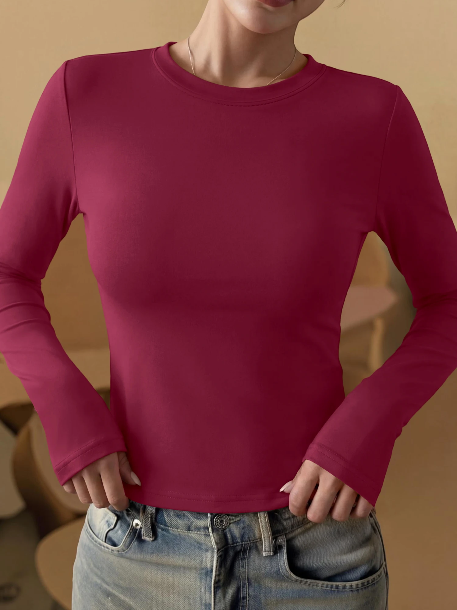2026 Popular Crew Neck Cropped Long Sleeve T-shirt Solid Elastic Slim Bodycon Tee Spicy Girl Y2K Street Match Denim Skirts Tops view 4