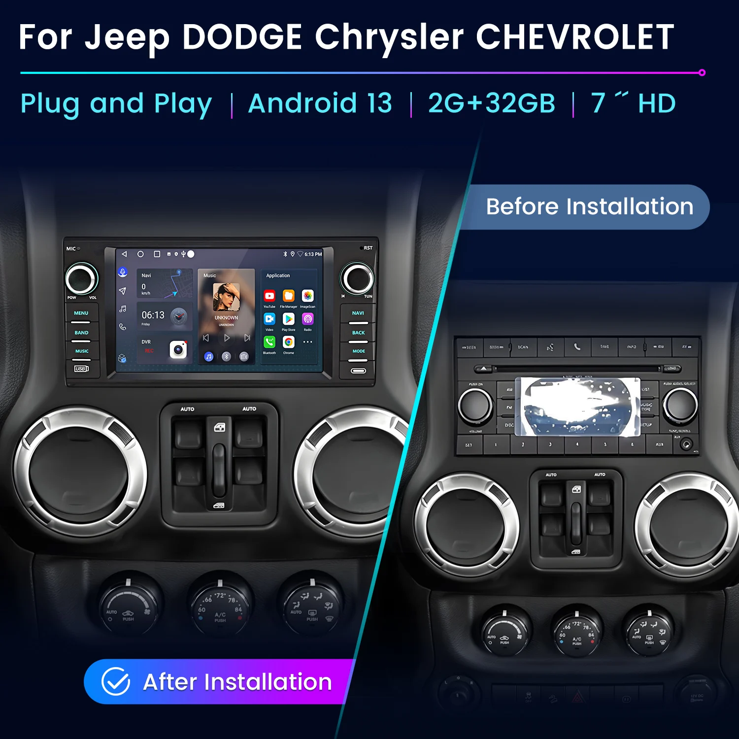 Junsun Android 15 Smart Car Navigation System Touch Screen Head Unit Stereo Radio For Jeep DODGE Chrysler  CHEVROLET  Built In Wireless Carplay Android Auto GPS Navigation Bluetooth 5.0 4G LTE 5G WiFi AI Voice Control