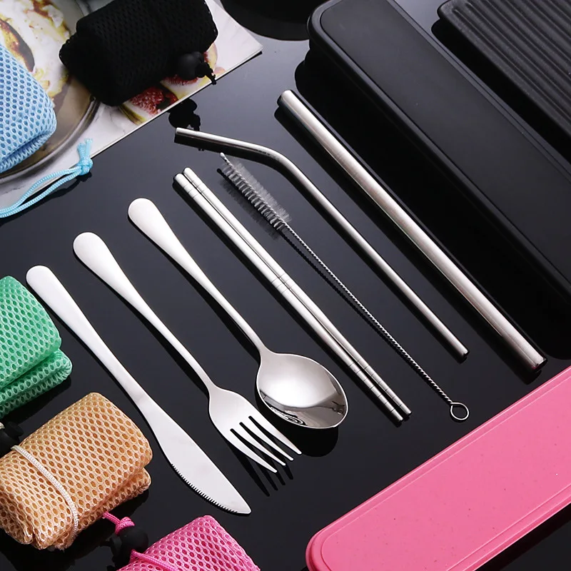 

7Pcs/Set Stainless Steel Cutlery Chopsticks Fork Spoon Knife Tableware Kitchen Food Dinnerware Camping Flatware with Case