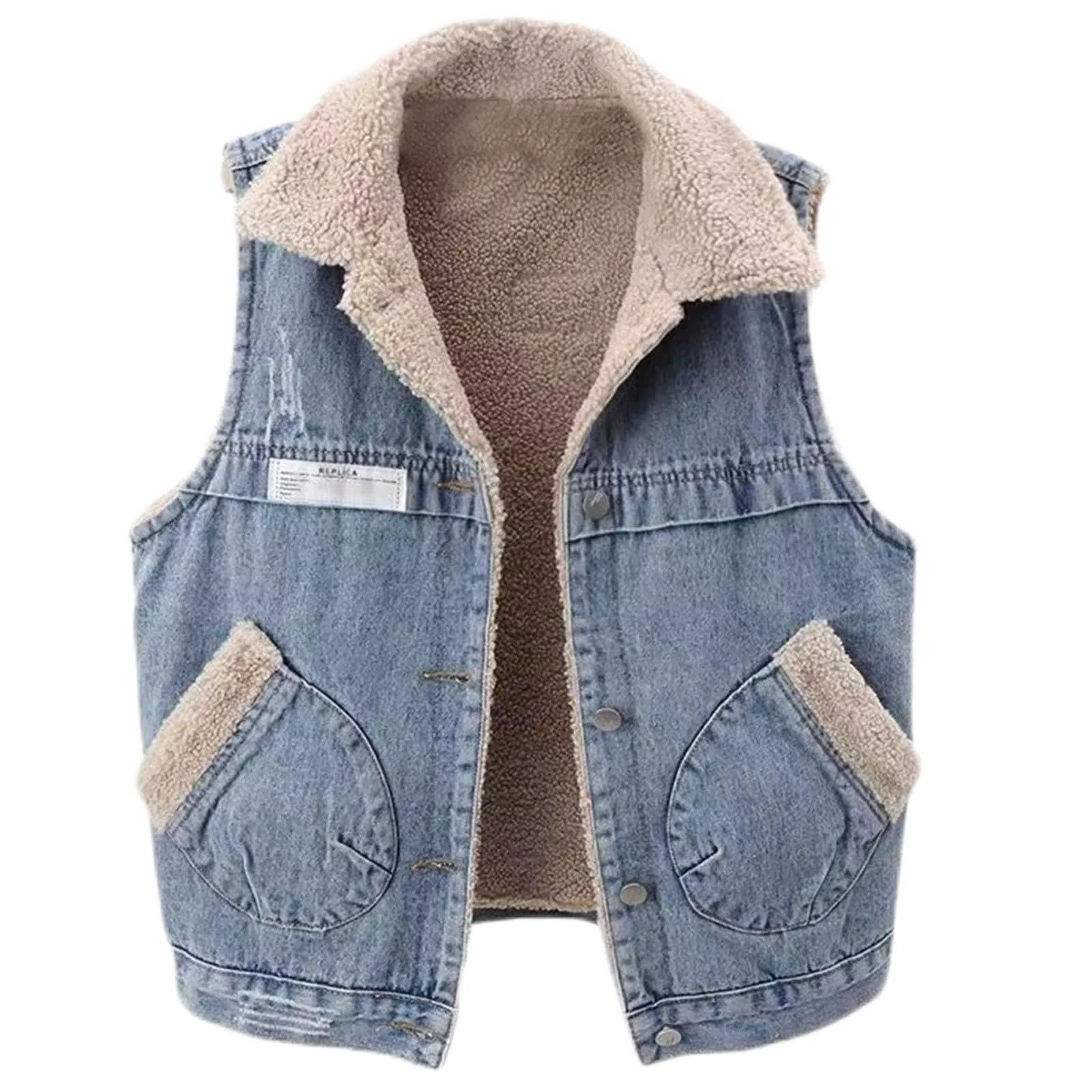 Autumn Winter Jean Vest Women Street Trend Sleeveless Fleece Liner Short Denim Jackets Boyfriend Style Lapel Warm Plush