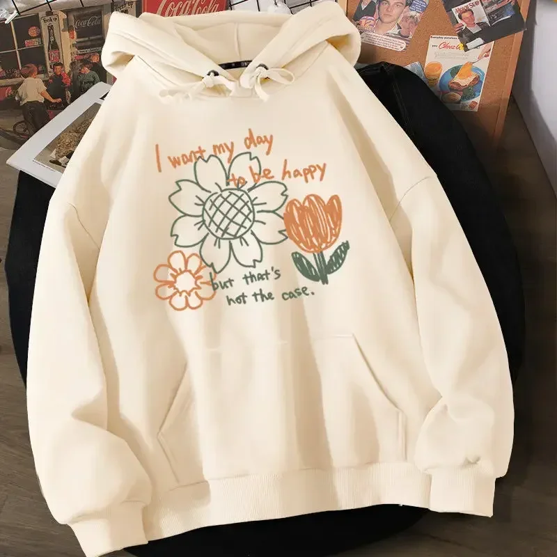 Autumn Winter Simple Floral Hooded Drawstring Loose Printing Female Hoodies Street Basic Casual Pocket Y2k Fashion Women Hoodies