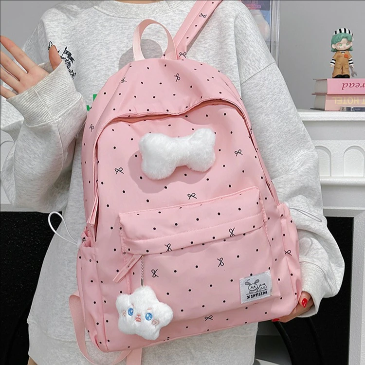 Polka Dot  Knot Backpack High Aesthetic Value Versatile Middle School Girls' Student Double Shoulder Bag School Dail...